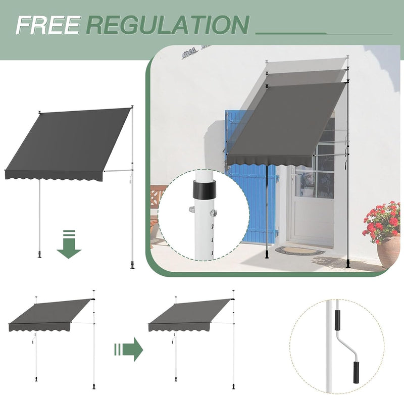 AECOJOY Manual Retractable Awning, 78" Non-Screw Outdoor Patio Awning, Adjustable Pergola Sun Shade Cover with UV Protection, Ideal Outdoor Canopy for Window or Door, Dark Grey
