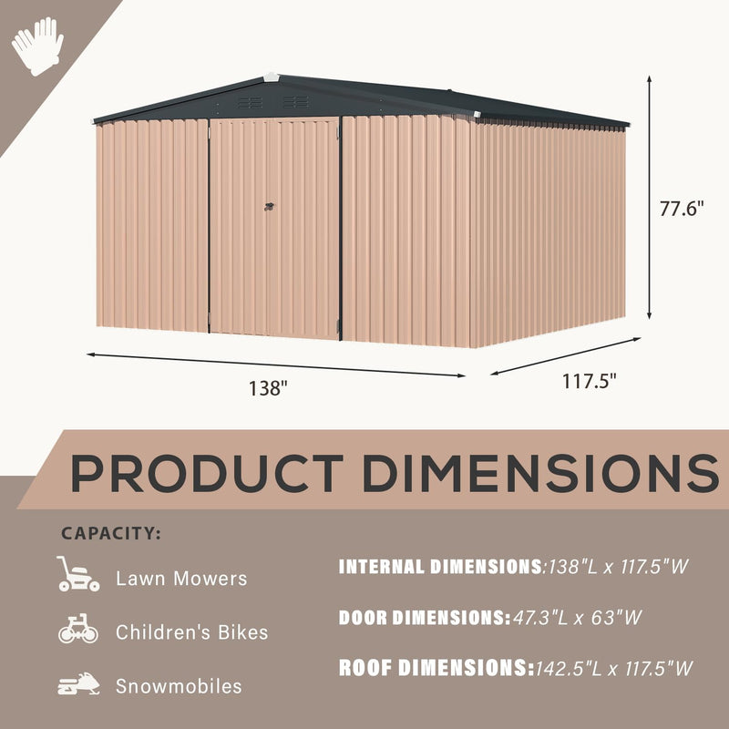 AECOJOY 10' x 12' Outdoor Metal Storage Shed with Lockable Door for Backyard in Gray