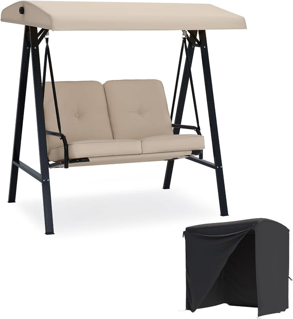 AECOJOY 2-Seat Outdoor Patio Swing Chair with Cover, Porch Swings Chairs for Adult, Outside Swing Bench with Adjustable Canopy&Removable Cushion