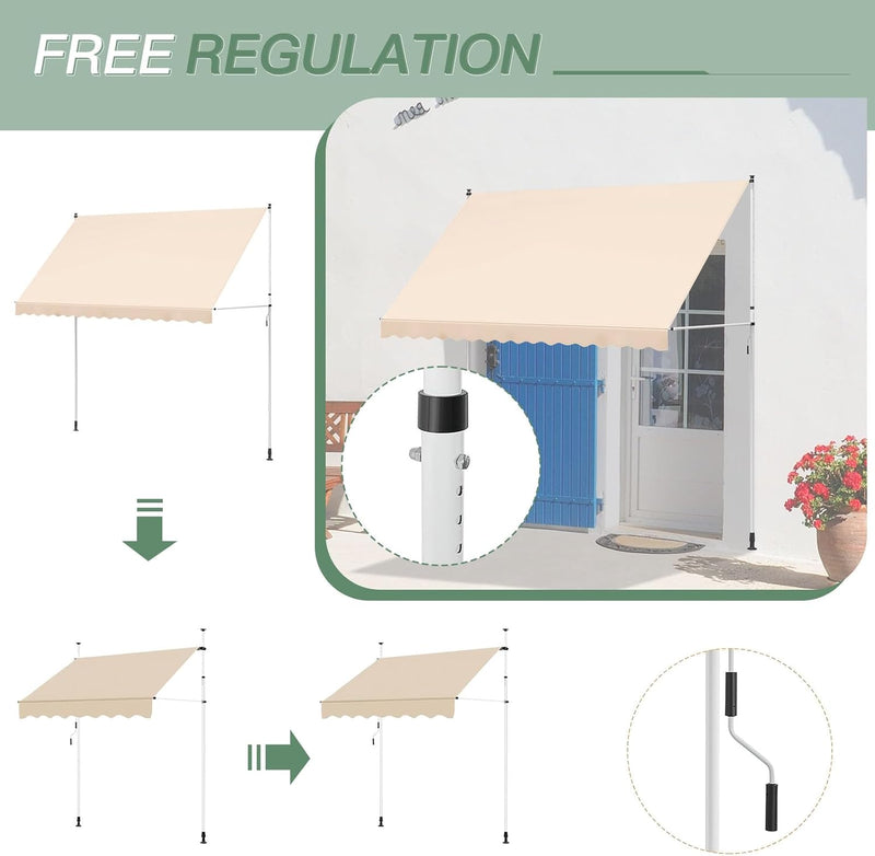 AECOJOY Manual Retractable Awning, 118" Non-Screw Outdoor Patio Awning, Adjustable Pergola Sun Shade Cover with UV Protection, Ideal Outdoor Canopy for Window or Door, Beige