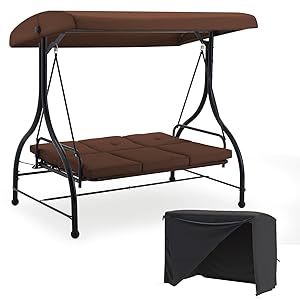 AECOJOY 3 Person Steel Outdoor Patio Canopy Adjustable Steel Porch Swing Chair with Cover