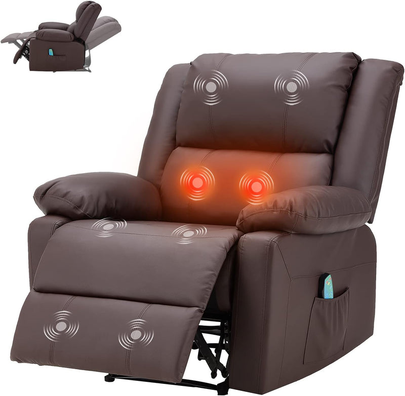 AECOJOY Leather Recliner Chair with Massage Heated Function, Home Theater Seating Sofa Brown