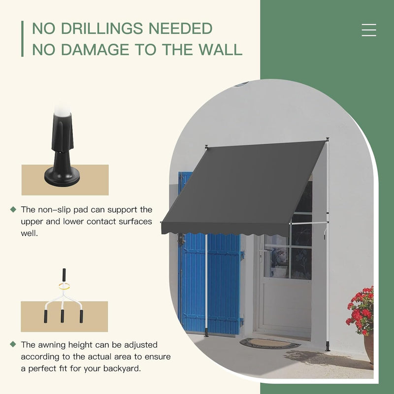 AECOJOY Manual Retractable Awning, 78" Non-Screw Outdoor Patio Awning, Adjustable Pergola Sun Shade Cover with UV Protection, Ideal Outdoor Canopy for Window or Door, Dark Grey