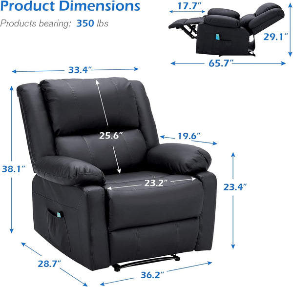 AECOJOY Leather Recliner Chair with Massage Heated Function, Home Theater Seating Sofa Black
