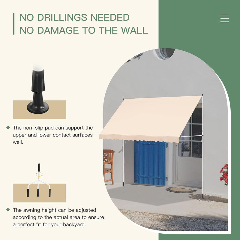 AECOJOY Manual Retractable Awning, 118" Non-Screw Outdoor Patio Awning, Adjustable Pergola Sun Shade Cover with UV Protection, Ideal Outdoor Canopy for Window or Door, Beige