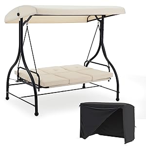 AECOJOY 3 Person Steel Outdoor Patio Canopy Adjustable Steel Porch Swing Chair with Cover