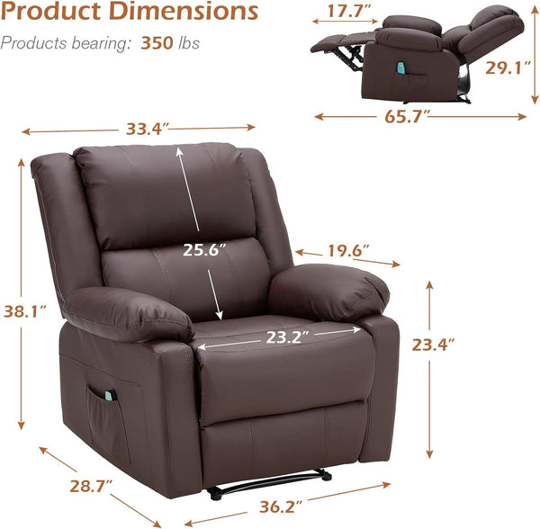 AECOJOY Leather Recliner Chair with Massage Heated Function, Home Theater Seating Sofa Brown