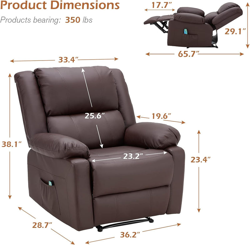 AECOJOY Leather Recliner Chair with Massage Heated Function, Home Theater Seating Sofa Brown