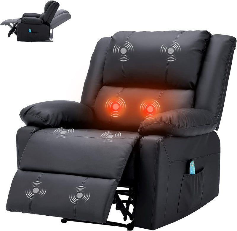 AECOJOY Leather Recliner Chair with Massage Heated Function, Home Theater Seating Sofa Black