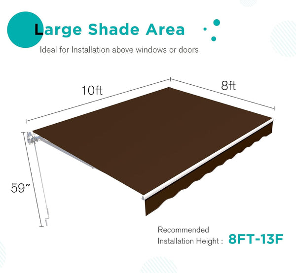 YODOLLA 10'×8' Manual Retractable Awning Sun Shade Patio Awning Cover Outdoor Patio Canopy Sunsetter Deck Awnings with Manual Crank Handle, Brown
