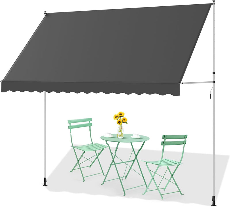 AECOJOY Manual Retractable Awning, 118" Non-Screw Outdoor Patio Awning, Adjustable Pergola Sun Shade Cover with UV Protection, Ideal Outdoor Canopy for Window or Door, Dark Grey
