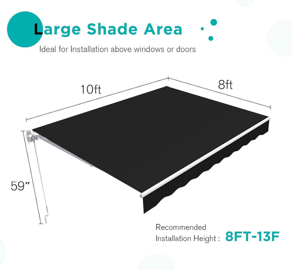 YODOLLA 10'×8' Manual Retractable Awning Sun Shade Patio Awning Cover Outdoor Patio Canopy Sunsetter Deck Awnings with Manual Crank Handle, Black