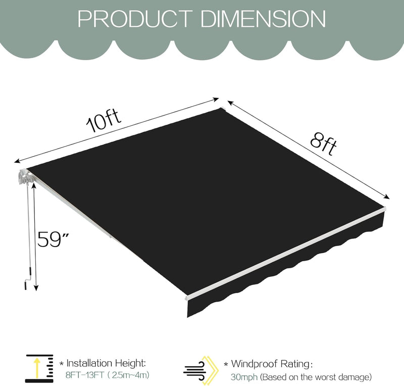 YODOLLA 13'×9.8' Manual Retractable Awning Sun Shade Patio Awning Cover Outdoor Patio Canopy Sunsetter Deck Awnings with Manual Crank Handle, Black