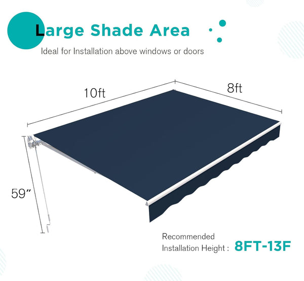YODOLLA 10'×8' Manual Retractable Awning Sun Shade Patio Awning Cover Outdoor Patio Canopy Sunsetter Deck Awnings with Manual Crank Handle, Dark Blue