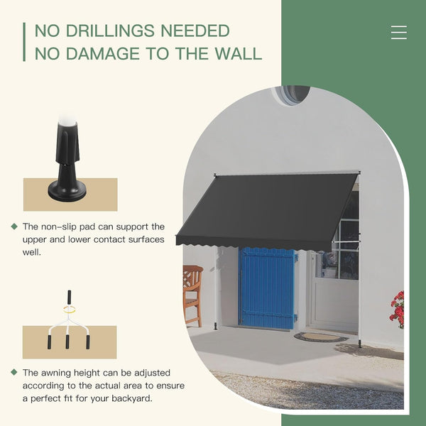 AECOJOY Manual Retractable Awning, 118" Non-Screw Outdoor Patio Awning, Adjustable Pergola Sun Shade Cover with UV Protection, Ideal Outdoor Canopy for Window or Door, Dark Grey