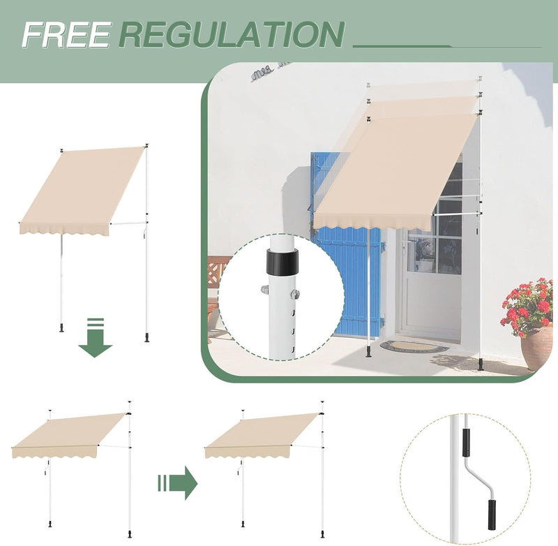 AECOJOY Manual Retractable Awning, 78" Non-Screw Outdoor Patio Awning, Adjustable Pergola Sun Shade Cover with UV Protection, Ideal Outdoor Canopy for Window or Door, Beige