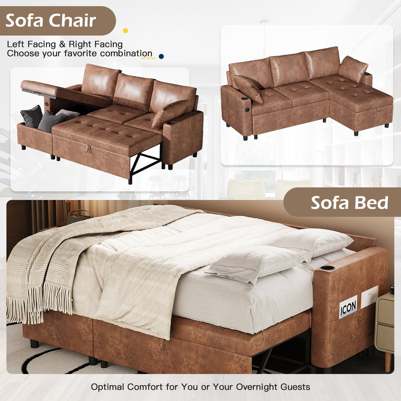 YODOLLA Sofa Bed, 3 in 1 Sleeper Sofa with Storage Chair, Faux Leather L Shape Couch, Sectional Pull Out Sofa Bed Mid Century Modern Couch for Living Room Clearance, Comfy Sleeper Couch in Brown