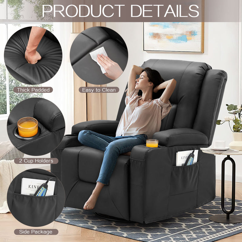 AECOJOY Massage Manual Recliner Chair with Heat and Vibration Massage, PU Leather Swivel Rocker Recliner Chair for Adults with 2 Cup Holders, Remote Control-Black