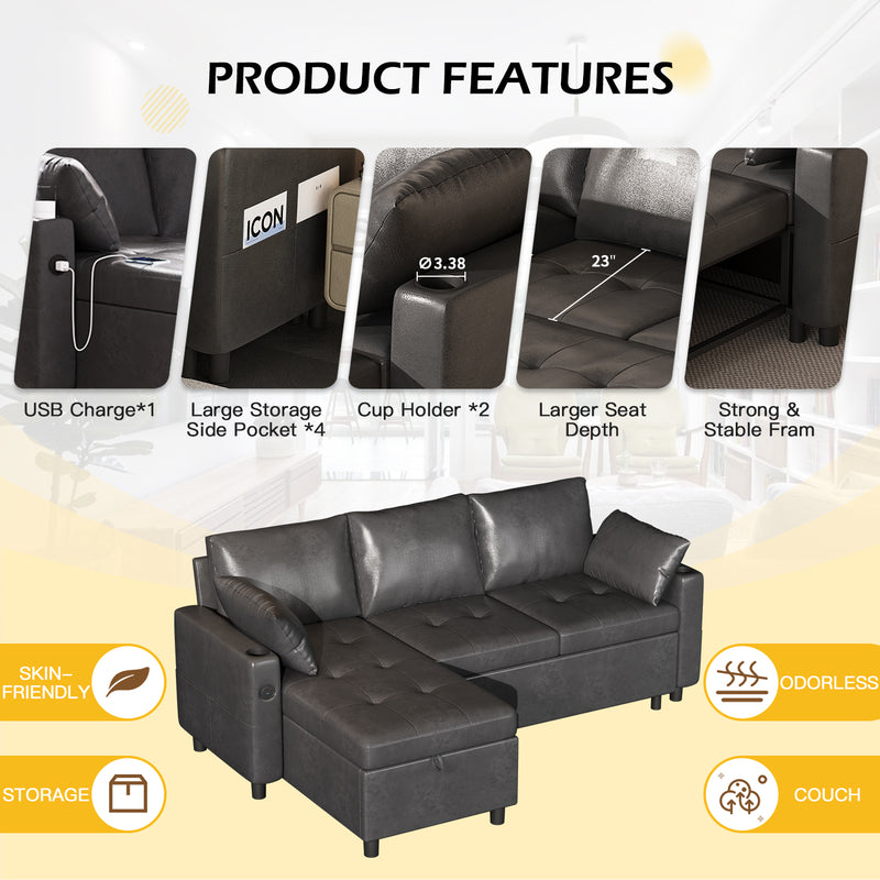 YODOLLA Sofa Bed, 3 in 1 Sleeper Sofa with Storage Chair, Faux Leather L Shape Couch, Sectional Pull Out Sofa Bed Mid Century Modern Couch for Living Room Clearance, Comfy Sleeper Couch in Black