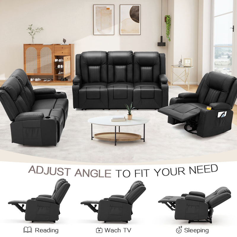 YODOLLA 3 Pieces Leather Recliner Sofa Set with Swivel Massage Chair, Modern Manual Control Couch Set Overstuffed Reclining Sofa Home Theater Seat RV Sofa Set w/Side Pockets&Cup Holders, Black