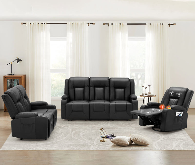 YODOLLA 3 Pieces Leather Recliner Sofa Set with Swivel Massage Chair, Modern Manual Control Couch Set Overstuffed Reclining Sofa Home Theater Seat RV Sofa Set w/Side Pockets&Cup Holders, Black