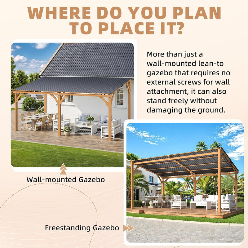 AECOJOY 16' x 10' Wood Gazebo, Outdoor Heavy Duty Wooden Pergola on Clearance, Patio Lean to Hardtop Awnings