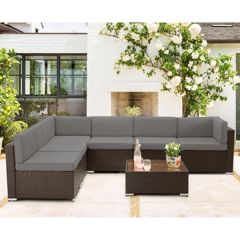 YODOLLA 7-Piece Patio Furniture Set, Brown Rattan Wicker Sectional Sofa Couch Outdoor Conversation Set with Table In Gray