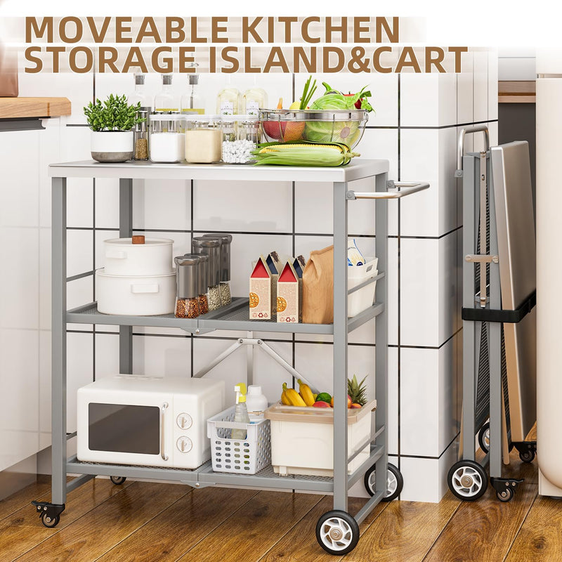 AECOJOY Foldable Outdoor Grill Cart 3 Tiers Stainless Steel Rolling Cart with Wheels Metal Utility Storage Trolley,Silver