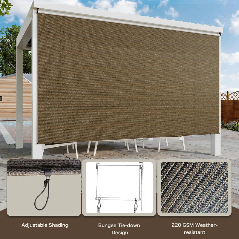 AECOJOY Outdoor Roller Shade, 6"(W) x8(H) Sun Shade Cover Canopy with 99% UV Protection, 220GSM HDPE Exterior Cordless Roll Up Shade Blinds Privacy Screen for Patio, Pergola, Gazebo, Mocha