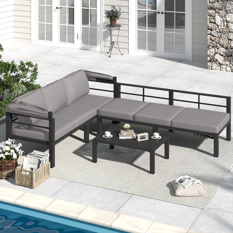 YODOLLA Patio Furniture Sets with Retractable Canopy & 2 Adjustable Backrests, Outdoor Furniture Sets with Coffee Table in Gray