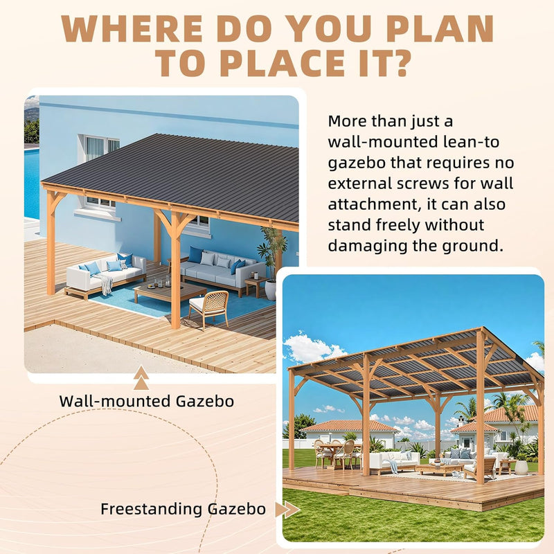 AECOJOY 20' x 10' Wood Gazebo, Outdoor Heavy Duty Wooden Pergola on Clearance, Patio Lean to Hardtop Awnings