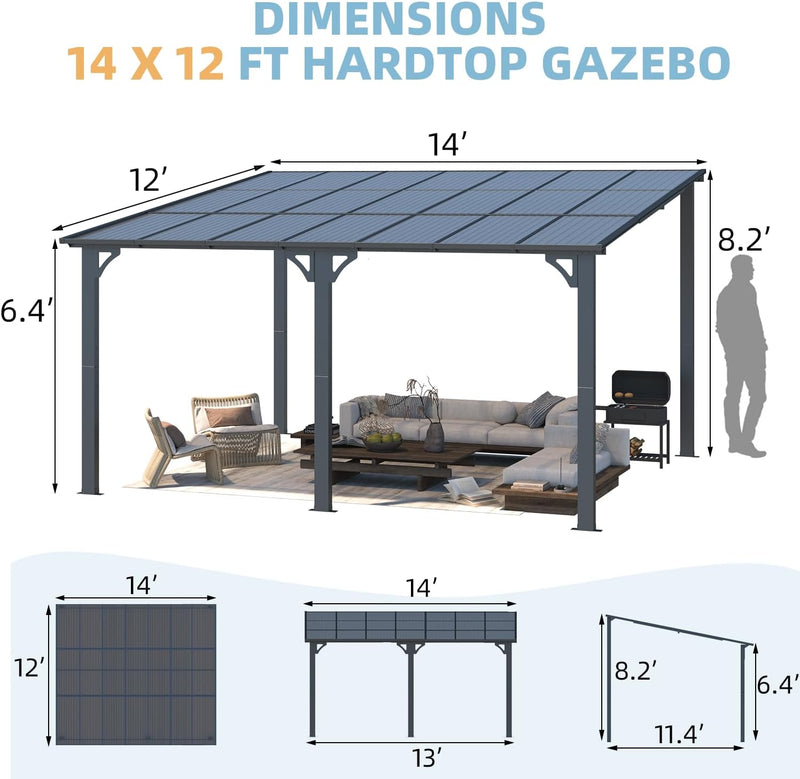 YODOLLA 12' x 14' Hardtop Gazebo Outdoor Aluminum Pergola For Garden, Patio, Backyard-Dark Grey