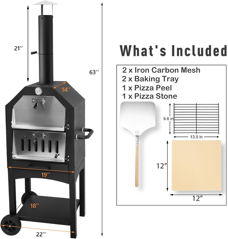 YODOLLA Outdoor Pizza Oven with Waterproof Cover Portable Wood Fired Pizza Oven with Side Handles &Two Wheels Grill Rack for Backyard