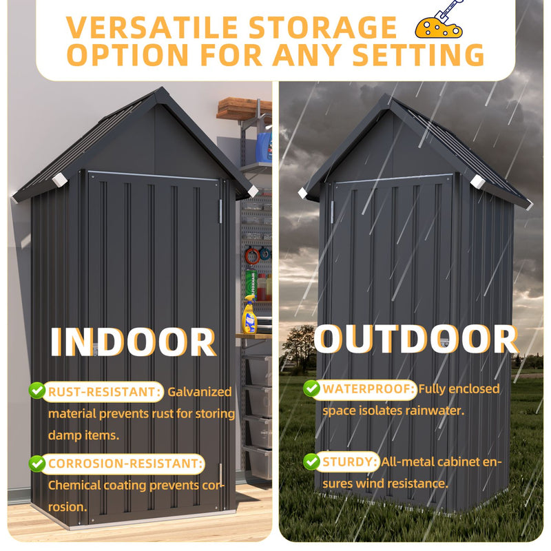 AECOJOY Outdoor Storage Shed with Floor & Metal Small Cabinet Waterproof with Shelves for Patio in Dark Grey