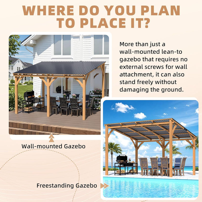AECOJOY 12' x 10' Wood Gazebo, Outdoor Heavy Duty Wooden Pergola on Clearance, Patio Lean to Hardtop Awnings