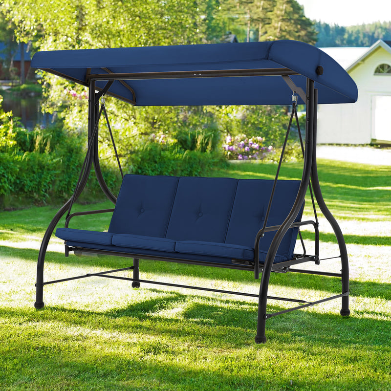 AECOJOY 3 Person Canopy Steel Porch Swing, Converting Swing Glider Hammock-Dark Blue