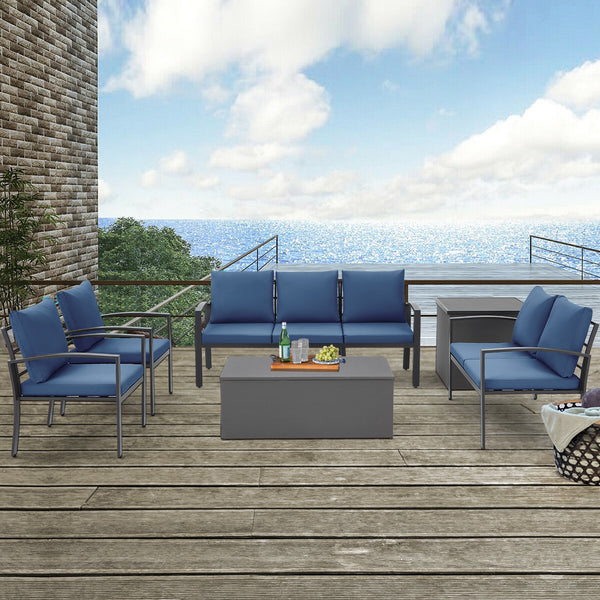 Danrelax 6 Pieces All Weather Aluminum Frame Patio Conversation Set with Storage Box, Blue