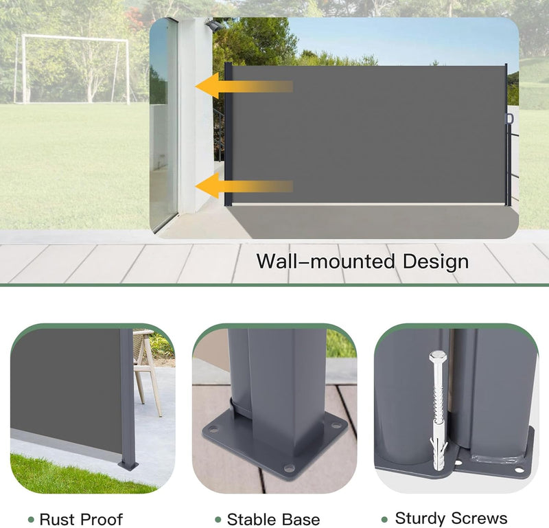 YODOLLA 138"x 63" Outdoor Retractable Side Awning, Folding Privacy Screen Waterproof Patio Awning, 180g Premium Polyester Fabric Room Divider for Patio, Garden and Terrace, Grey