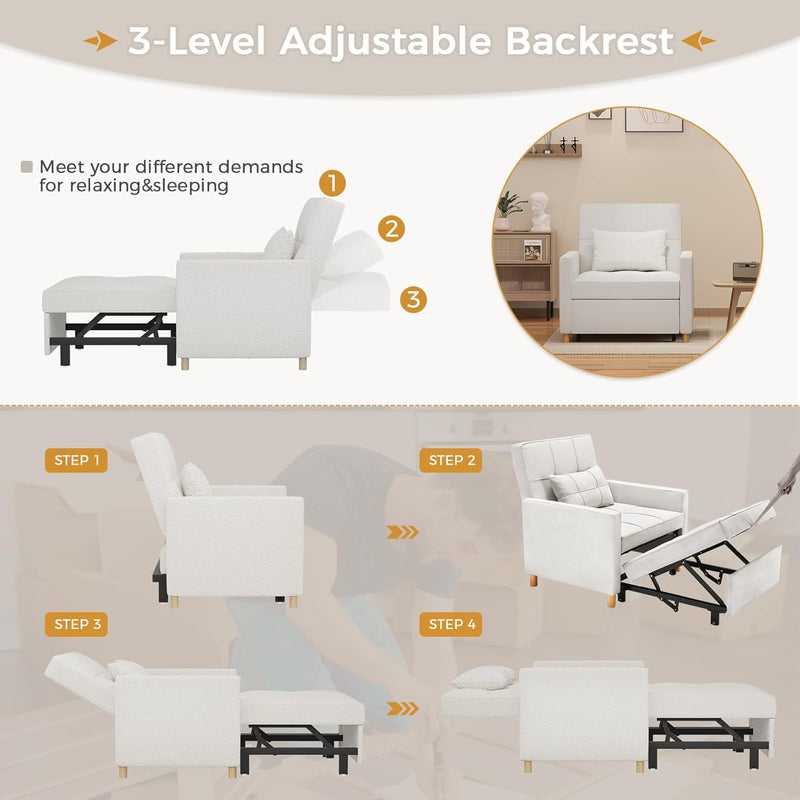 AECOJOY Sleeper Chair Bed 3 in 1 Sofa Bed for Adults Fold Out Sofa Convertible Reading Chair in Teddy Wihte
