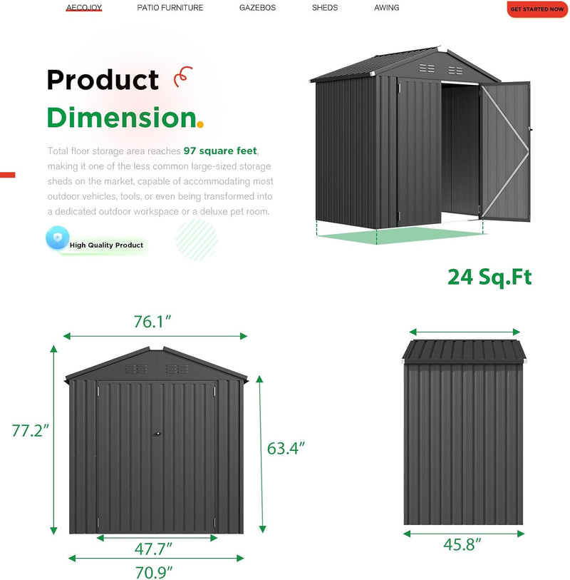 YODOLLA 6 x 4 ft. Outdoor Metal Storage Shed with Sliding Roof & Lockable Door for Backyard, Garden in Dark Gray