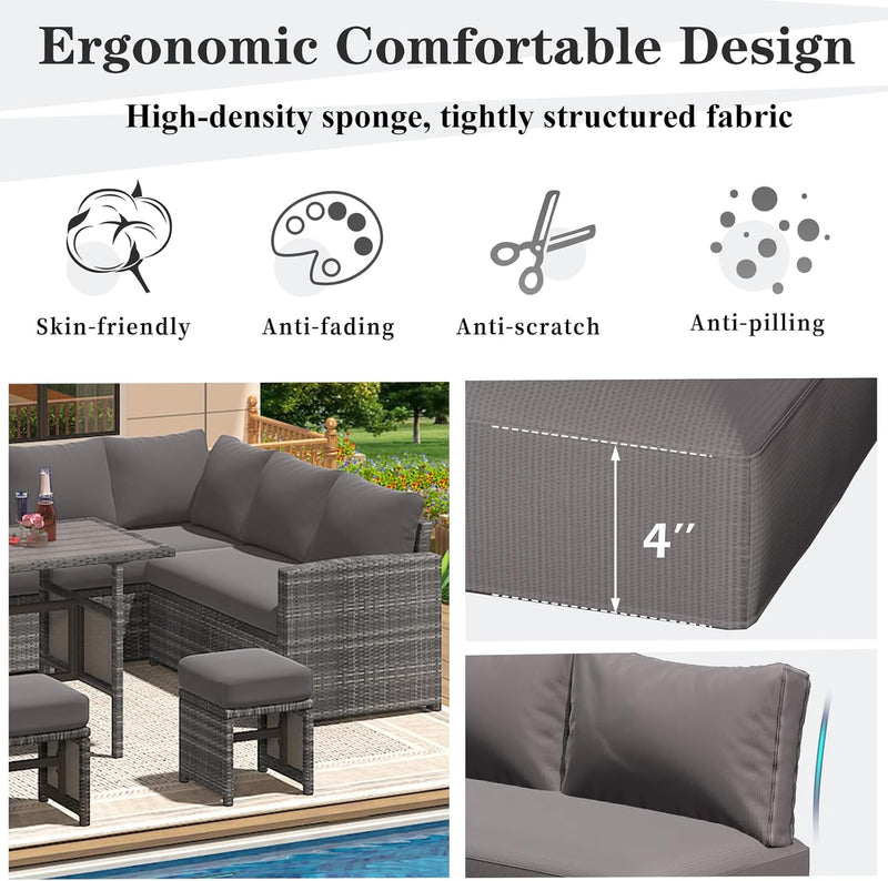 YODOLLA Outdoor Cushions, 4 inch Patio Cushions for Outdoor Furniture, Replacement Cushions Fits 7-Seats Sectional Rattan Conversation Set, Splashproof, Memory Foam Cushions and Covers (Dark Grey)