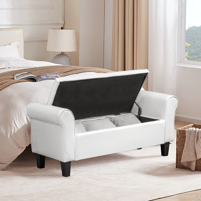 AVAWING Upgraded Armed Storage Bench, Leather Upholstered Bench Footrest with Hinged Lid for Living Room & Bedroom, White