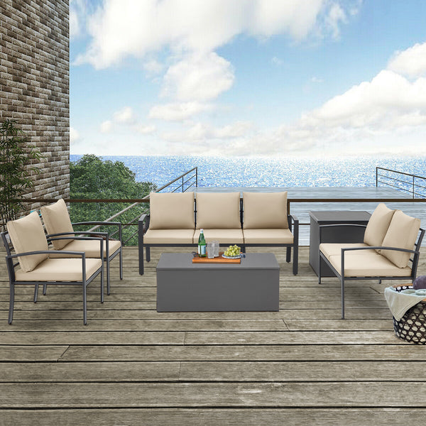 Danrelax 6 Pieces All Weather Aluminum Frame Patio Conversation Set with Storage Box, Beige