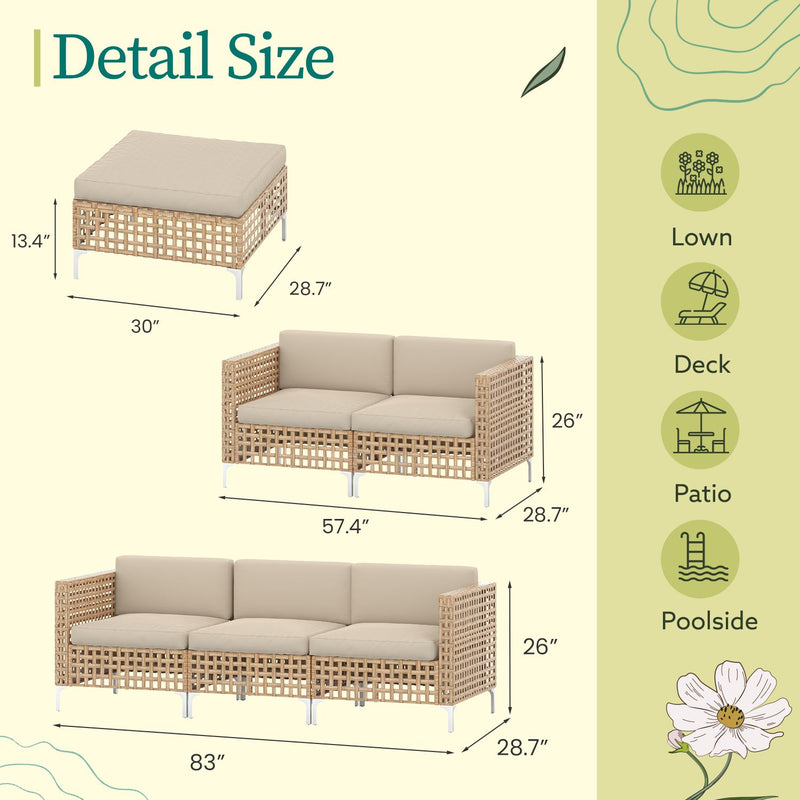 YODOLLA 6-Piece Patio Furniture Set, Boho Style Rattan Wicker 3-Seater Sofa Couch & Loveseat with Coffee Table In Beige
