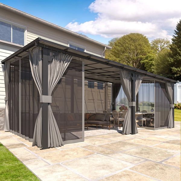 YODOLLA 20' x 12' Hardtop Gazebo Outdoor Lean to Gazebo with Netting and Curtain Aluminum Metal Pergola For Garden, Patio, Backyard-Dark Gray