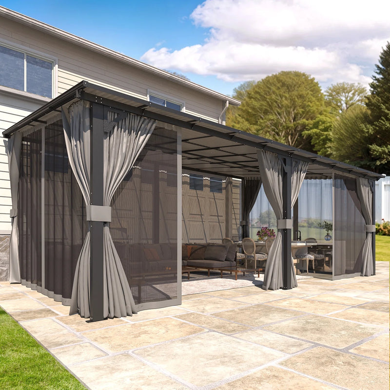 YODOLLA 20' x 12' Hardtop Gazebo Outdoor Lean to Gazebo with Netting and Curtain Aluminum Metal Pergola For Garden, Patio, Backyard-Dark Gray