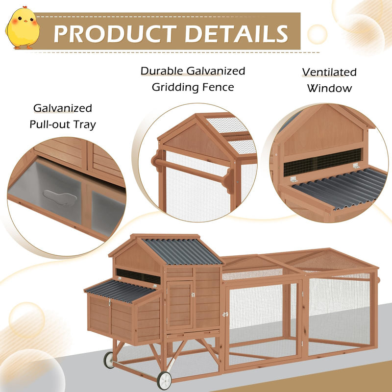 YODOLLA 95" Chicken Coop with Wheels, Poultry Cage Wooden Chicken Hutch Tractor with Run, Nesting Boxes, Ramps, Removable Tray, Natural Wood