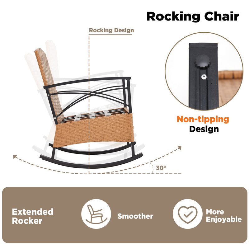 3-Piece Bistro Set: Outdoor Rattan Rocking Chairs with Cushions and Coffee Table