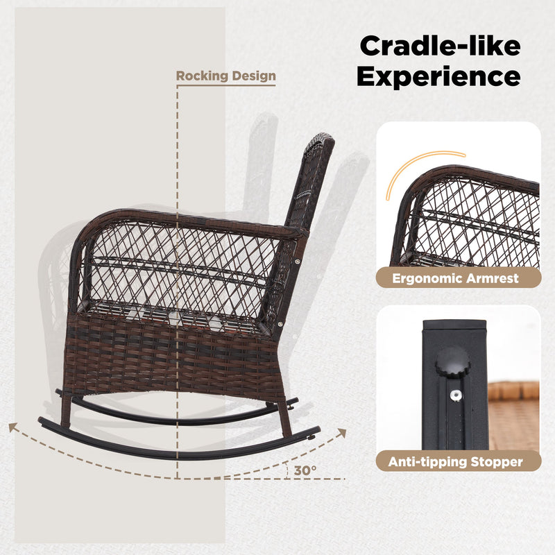 3-Piece Rattan Rocking Bistro Set with Glass Coffee Table for Porch & Garden