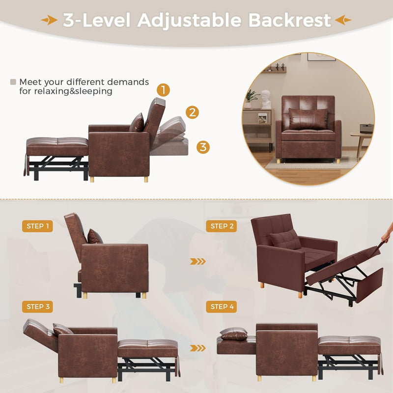 AECOJOY 3 in 1 Sofa Bed for Adults Sleeper Chair Bed Fold Out Sofa Convertible Reading Chair in Saddle Brown